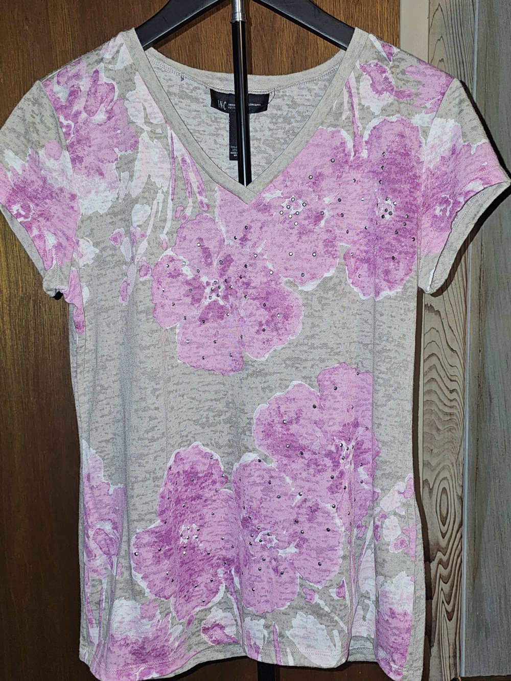 INC Beige Petite Top with Pink Floral Print and Rhinestones